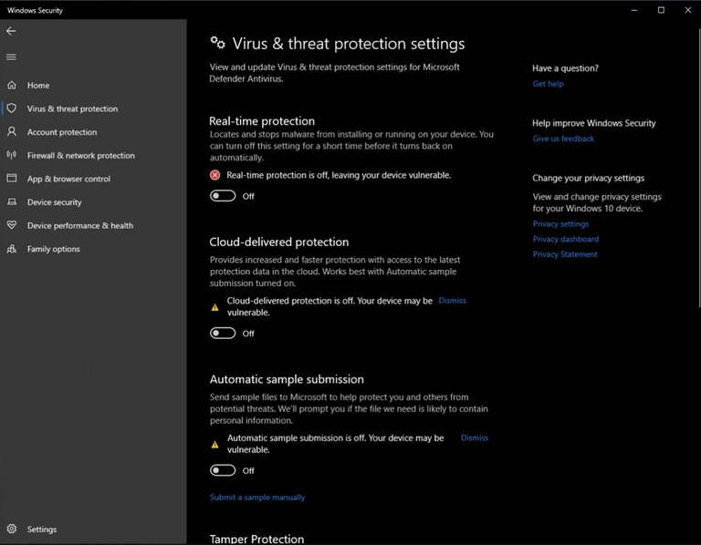 Protection settings