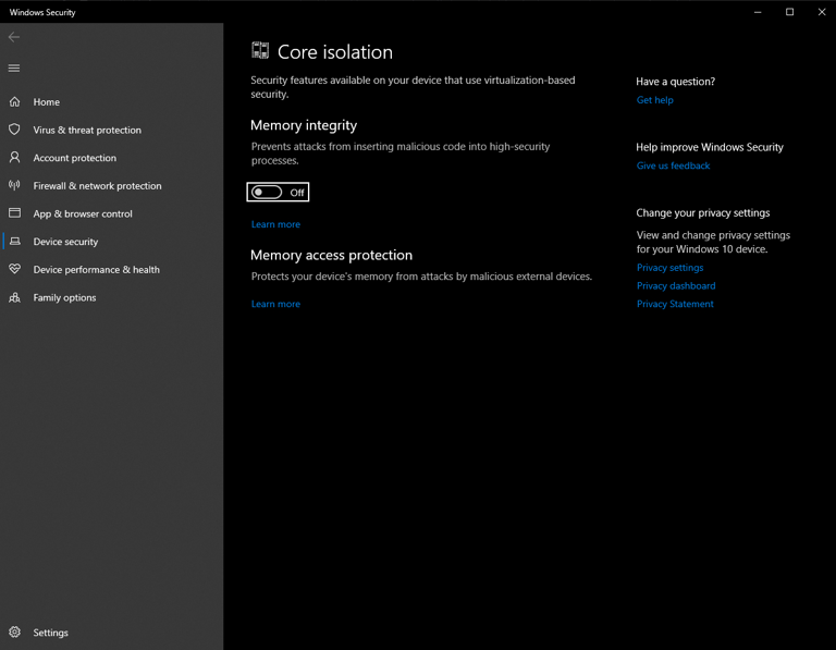 Memory Integrity Settings